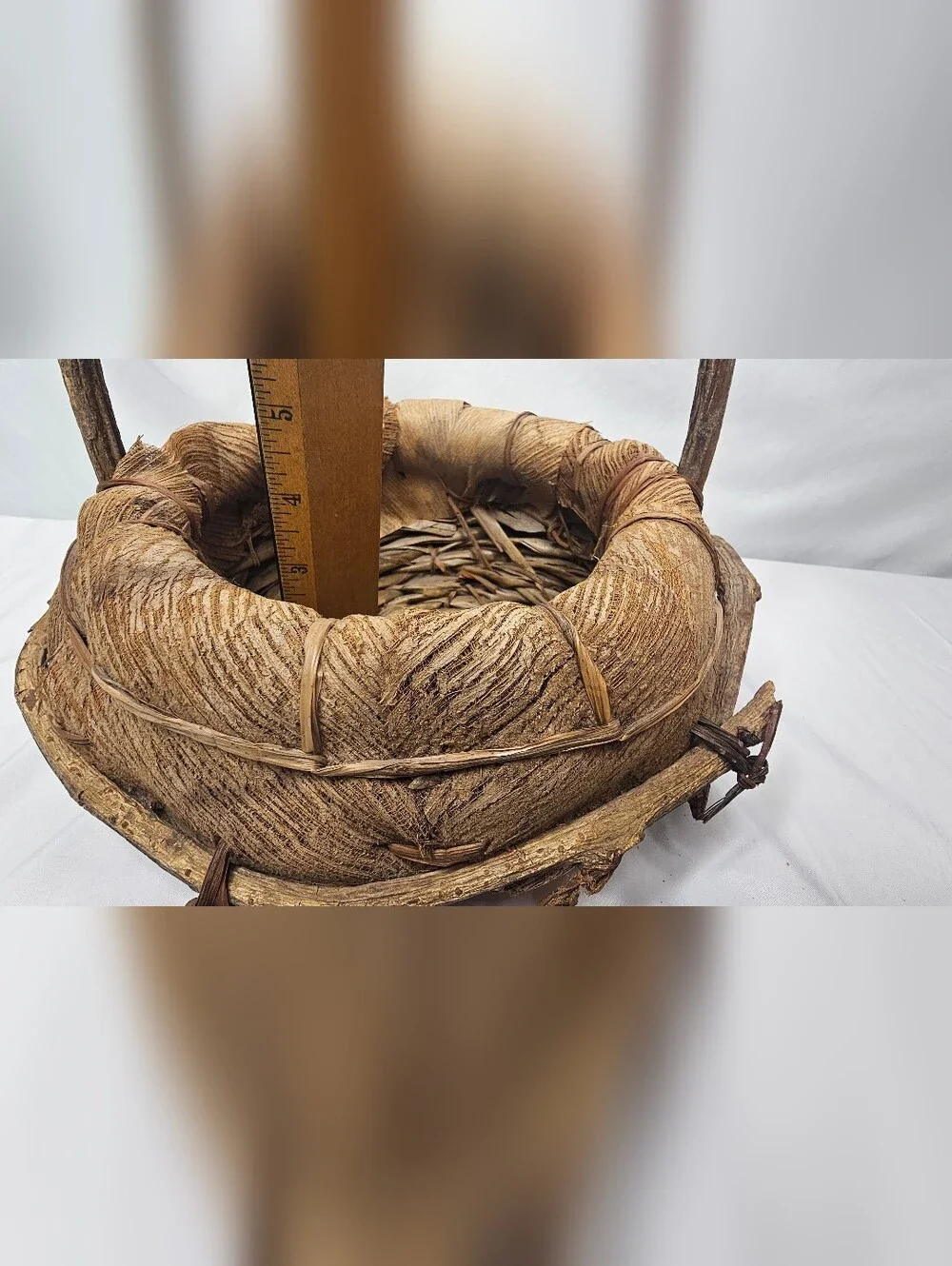 Vintage Rustic Folk Art Basket Natural Coconut Palm Spathe Fiber Grapevine Vine